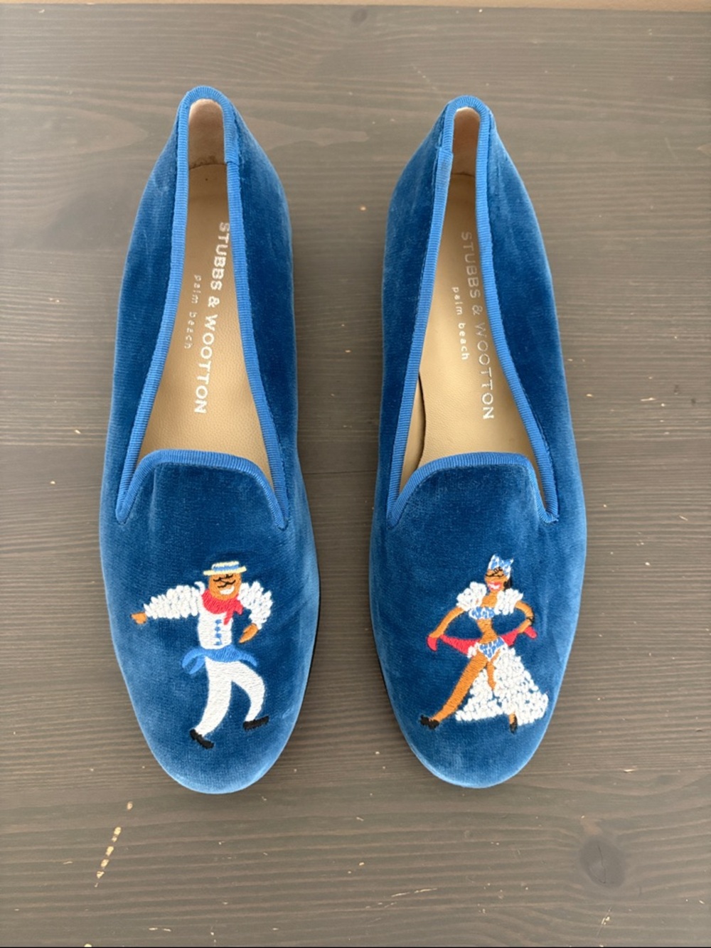 Stubbs & Wootton Blue Velvet Smoking Slipper Loafers Embroidered Dancers Size 7